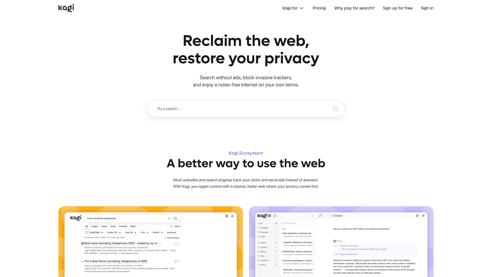 Screenshot of Kagi website