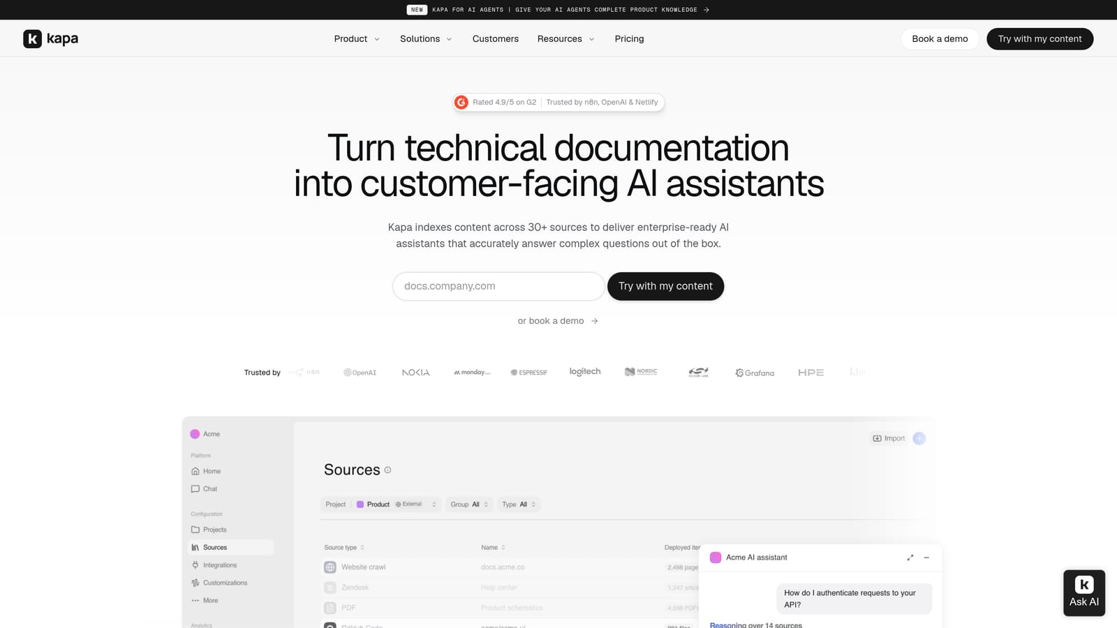 Screenshot of Kapa.ai website
