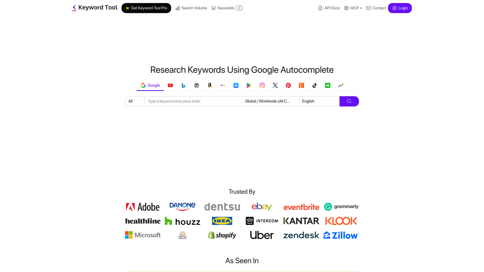 Screenshot of KeywordTool.io website
