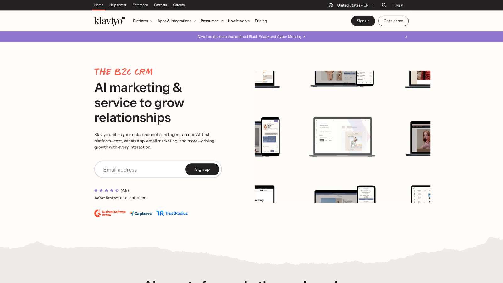 Screenshot of Klaviyo website homepage