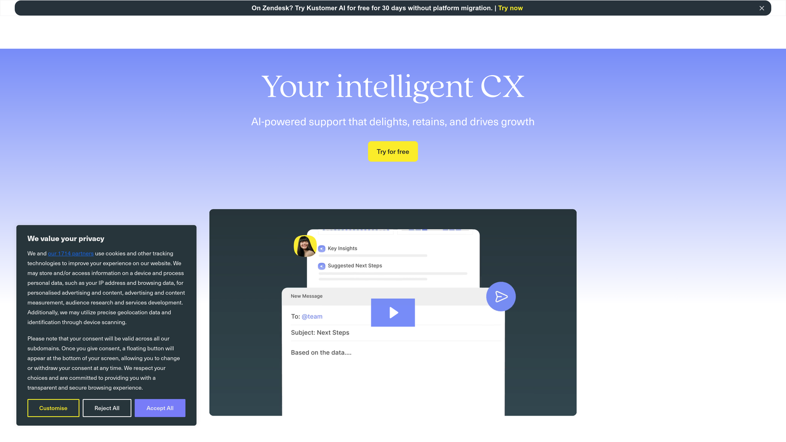 Screenshot of Kustomer website