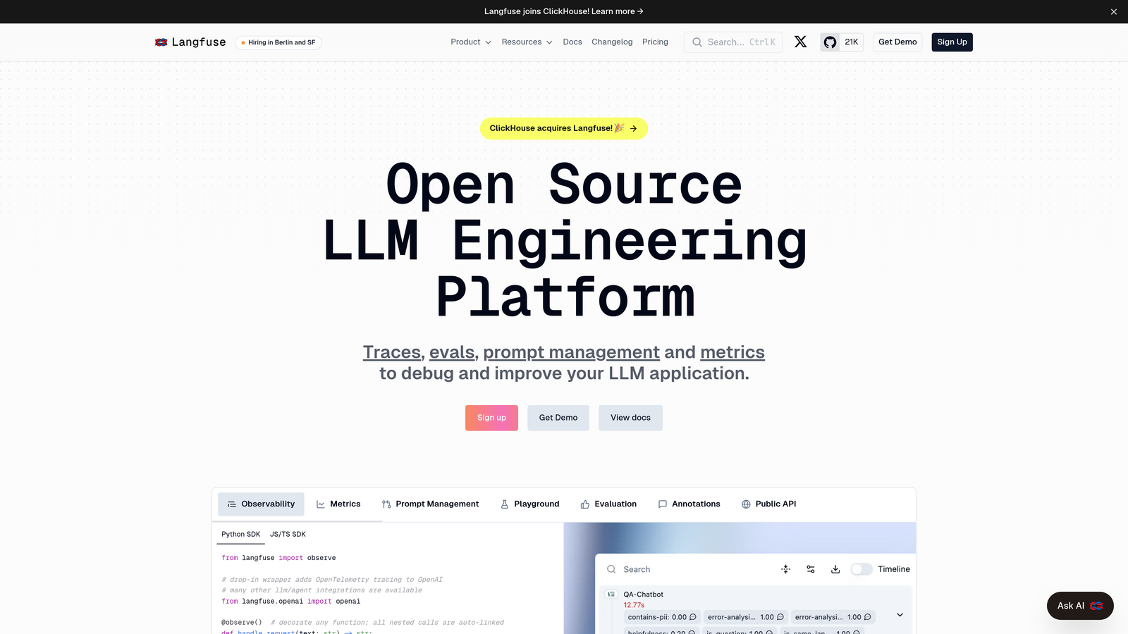 Screenshot of Langfuse website