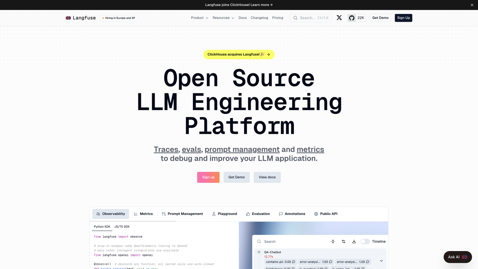 Screenshot of Langfuse website