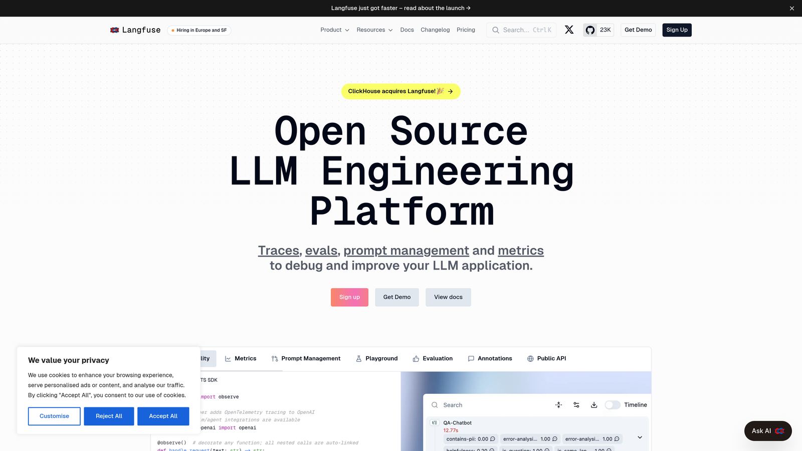 Screenshot of Langfuse website