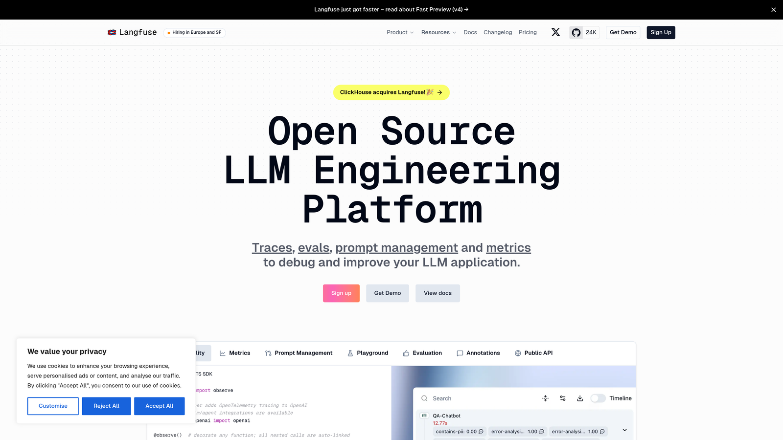 Screenshot of Langfuse website