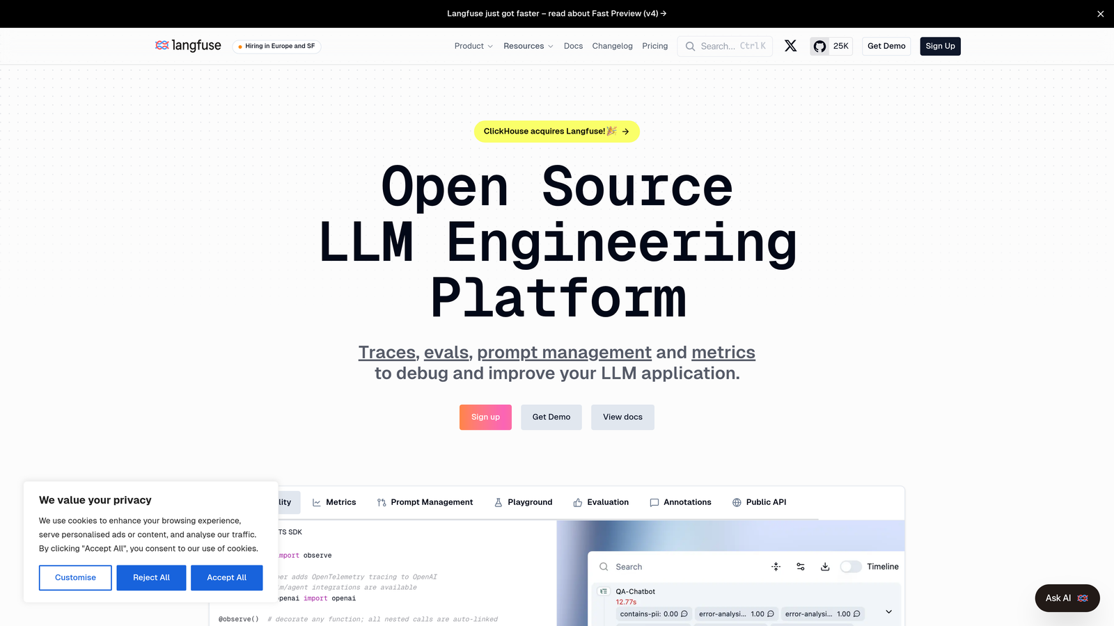 Screenshot of Langfuse website
