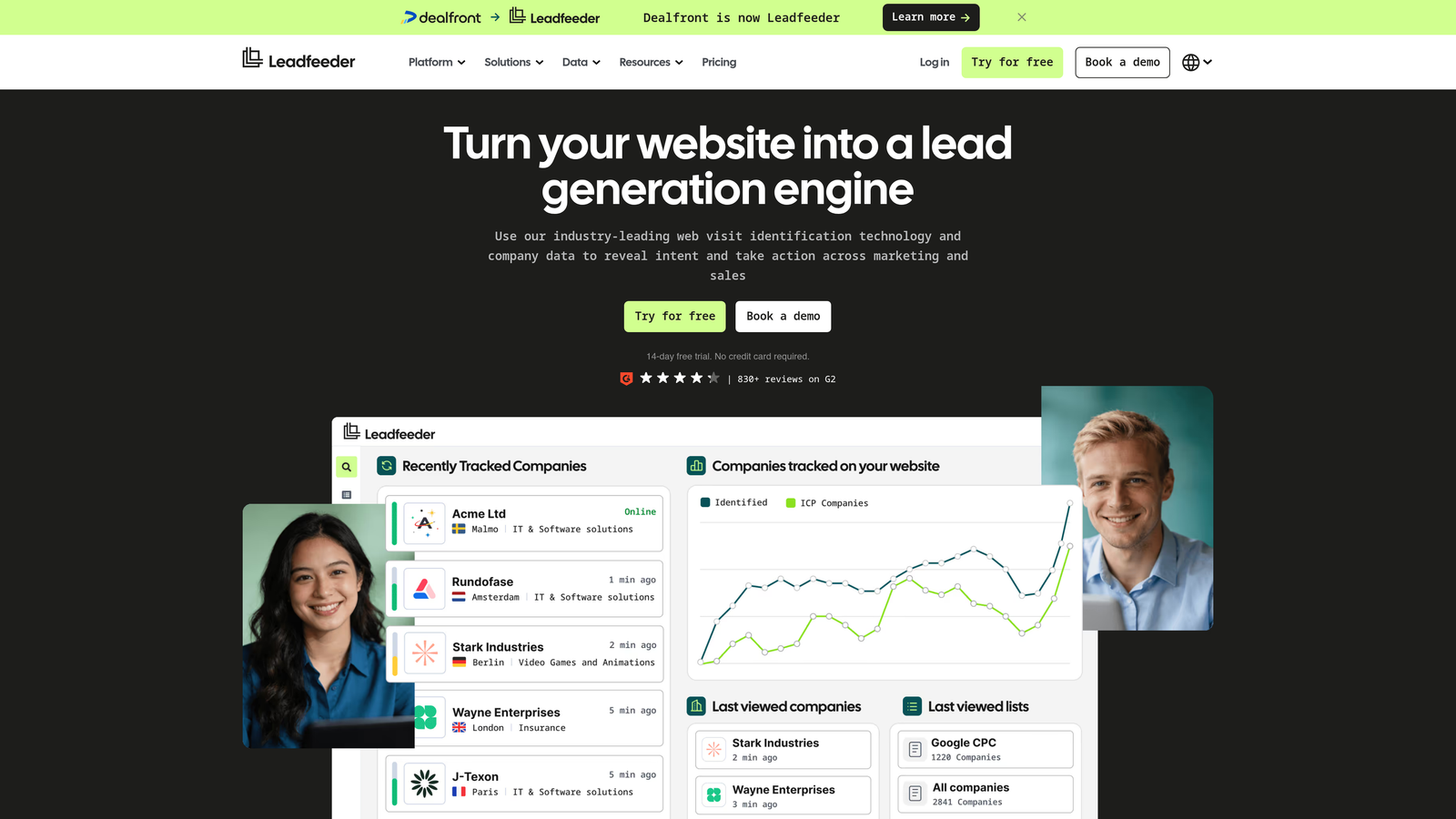 Screenshot of Leadfeeder website
