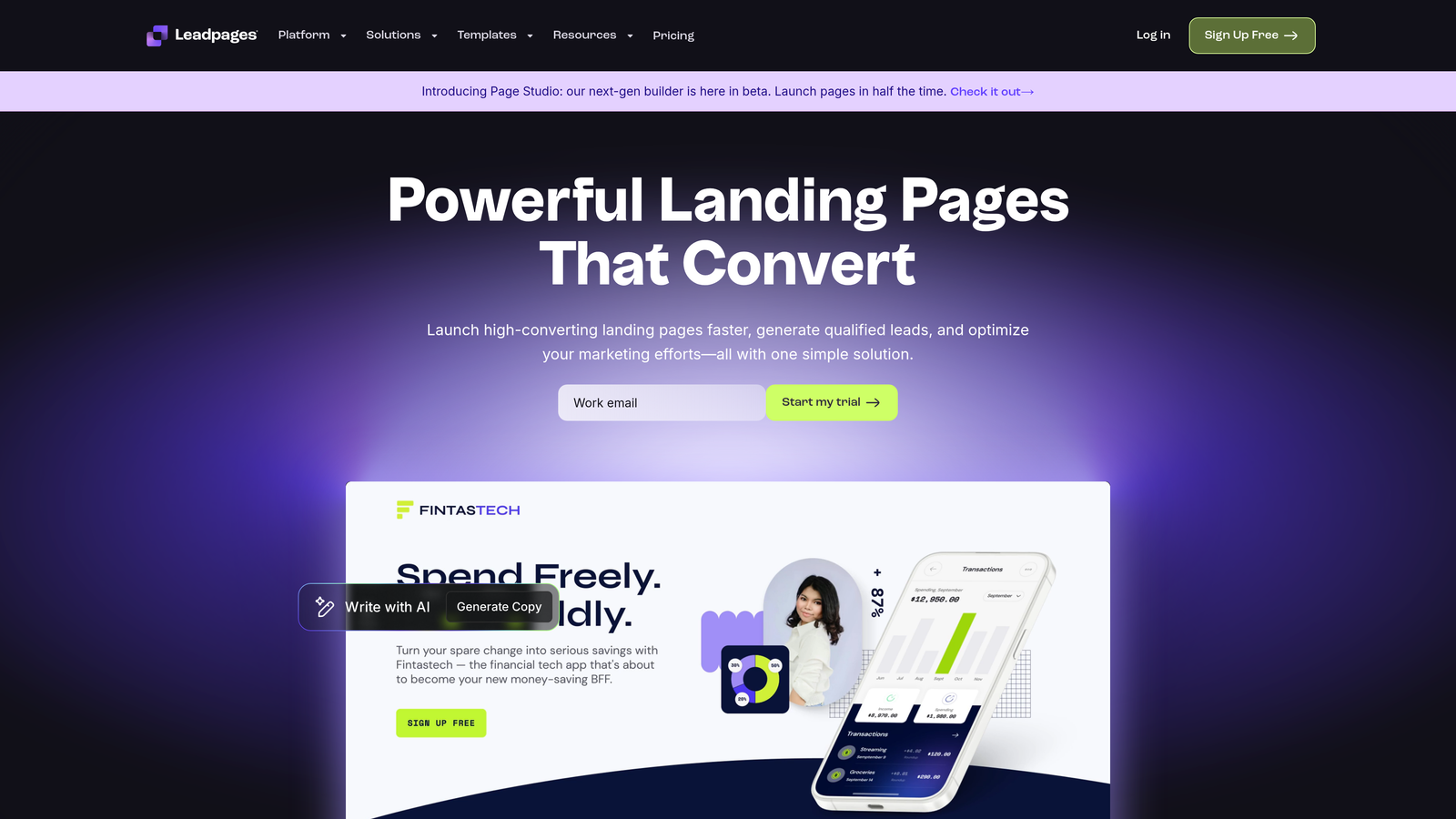 Screenshot of Leadpages website