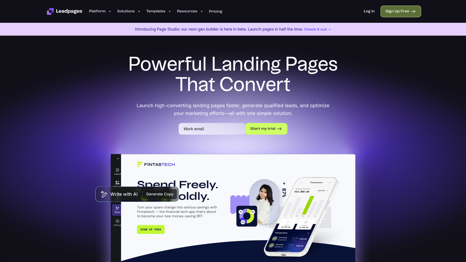 Screenshot of Leadpages website
