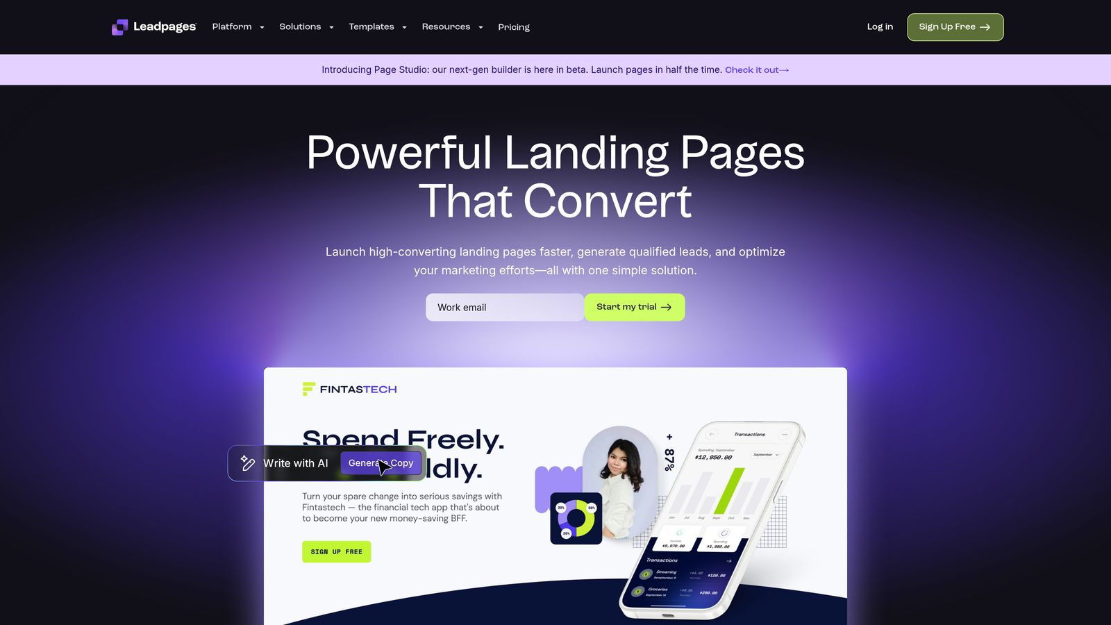 Screenshot of Leadpages website