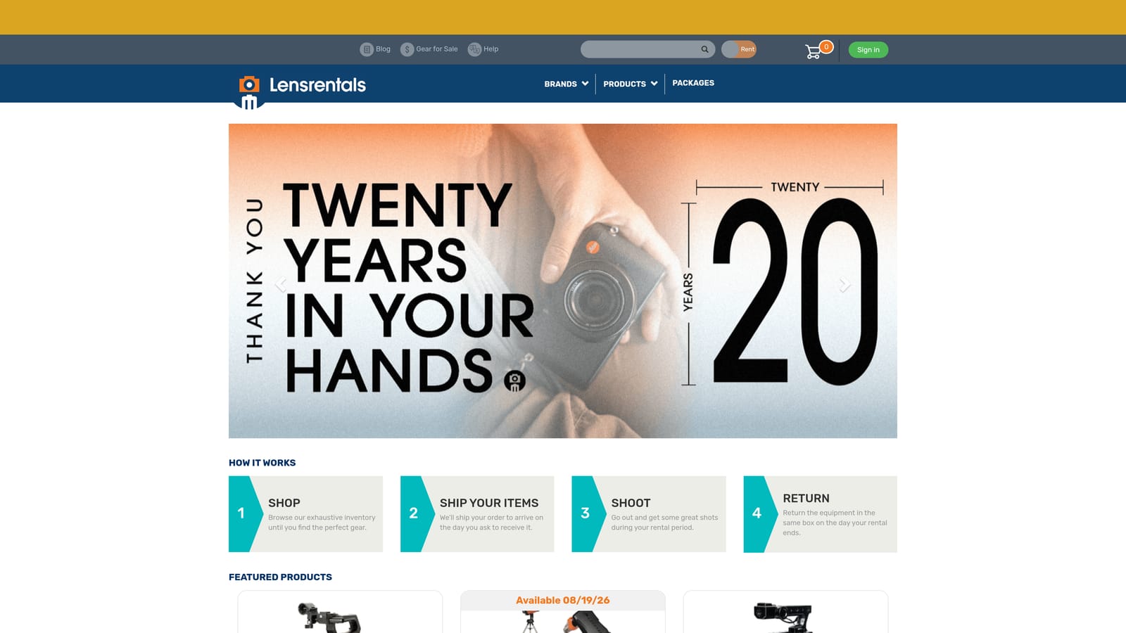 Screenshot of Lensrentals website
