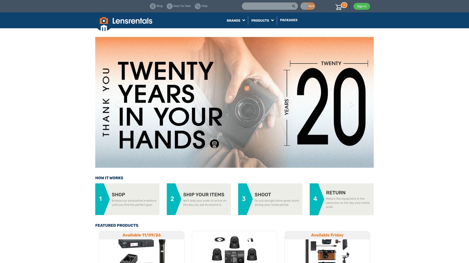 Screenshot of Lensrentals website