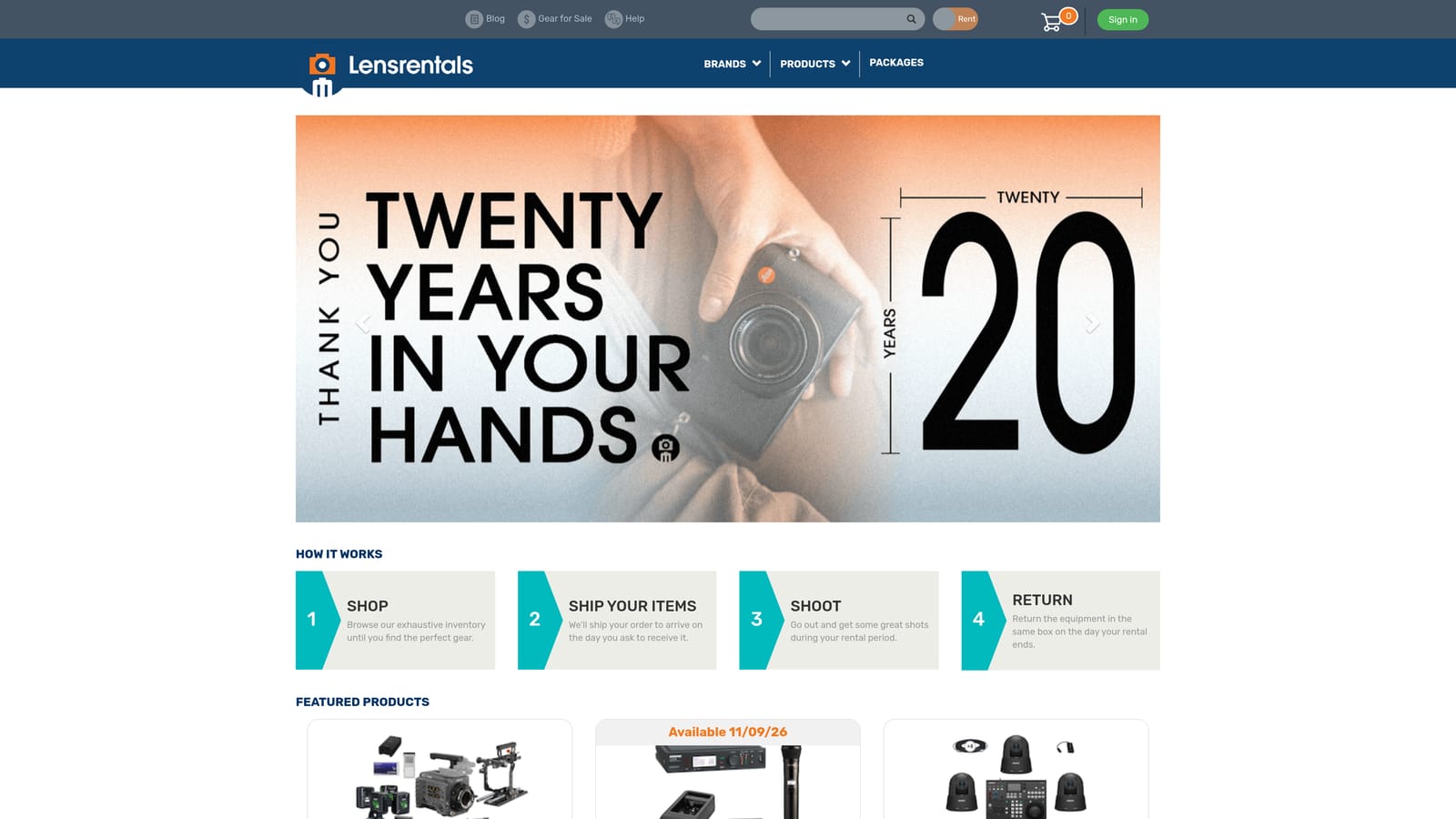 Screenshot of Lensrentals website