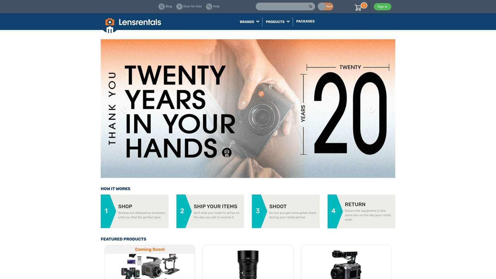 Screenshot of Lensrentals website