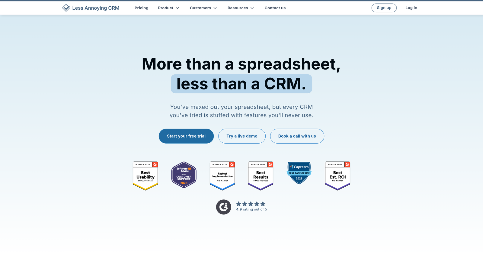 Screenshot of Less Annoying CRM website