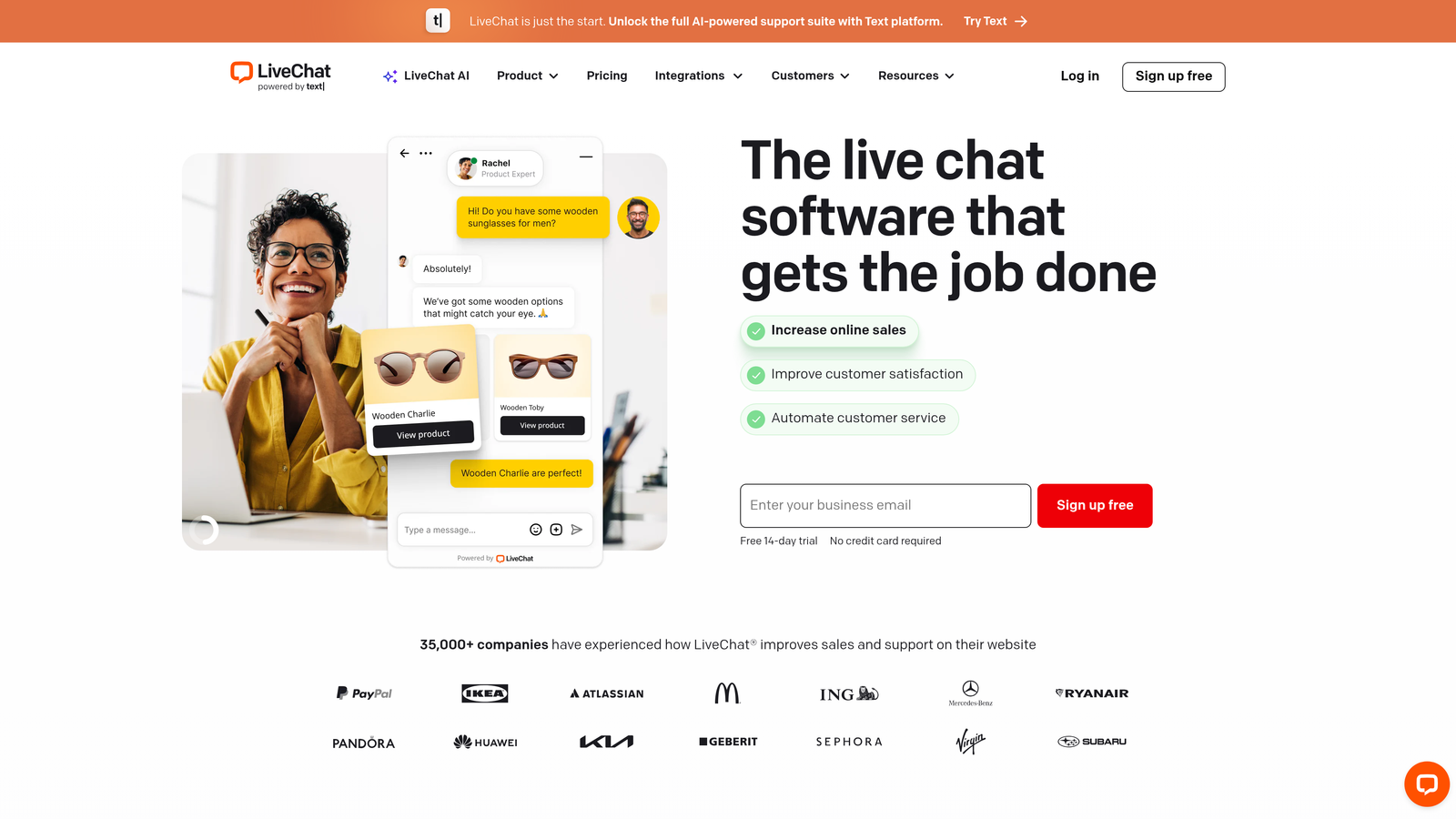 Screenshot of LiveChat website
