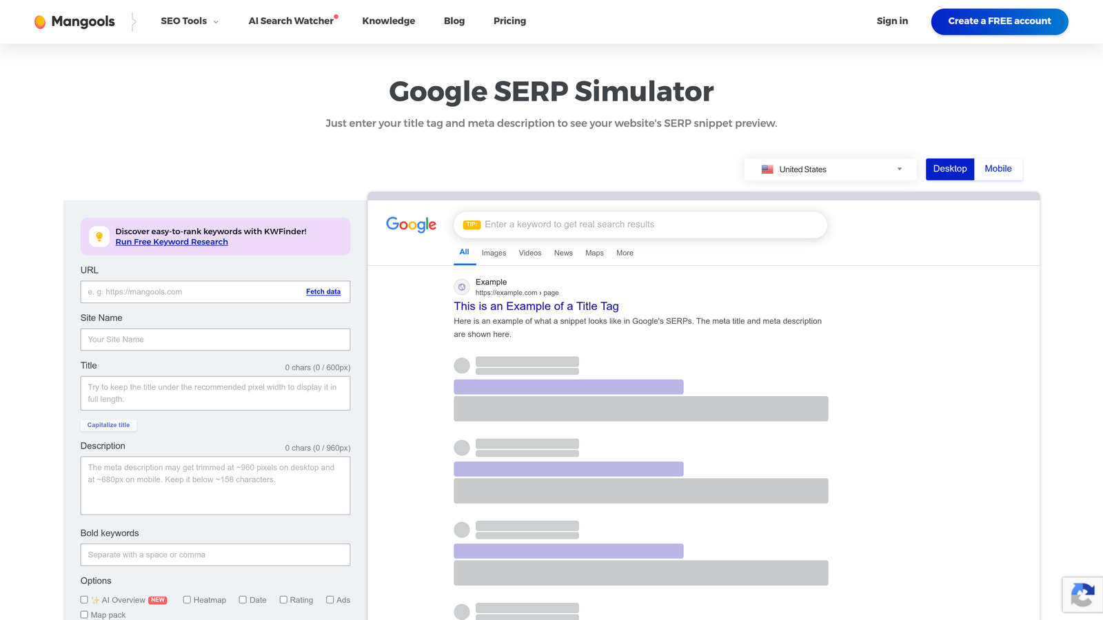 Screenshot of Mangools SERP Simulator website