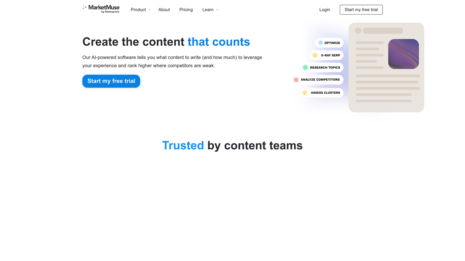 Screenshot of MarketMuse website homepage