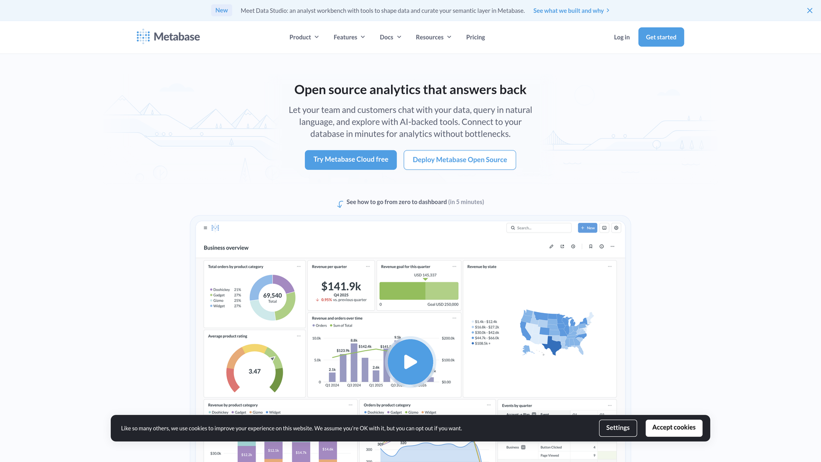 Screenshot of Metabase website