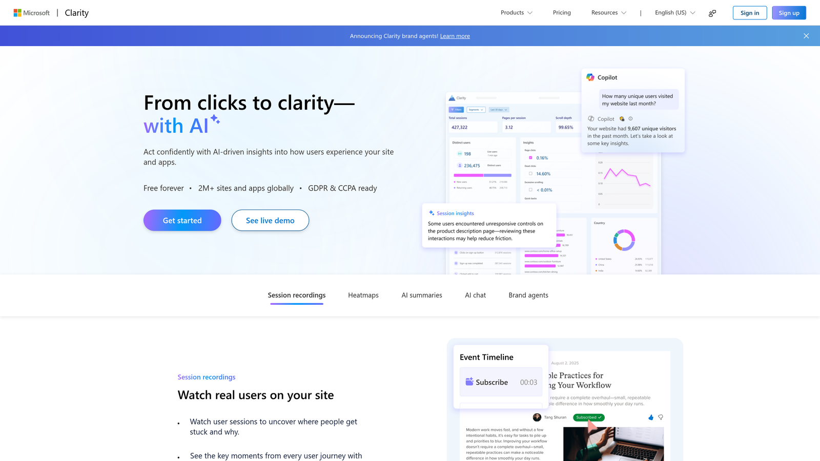 Screenshot of Microsoft Clarity website
