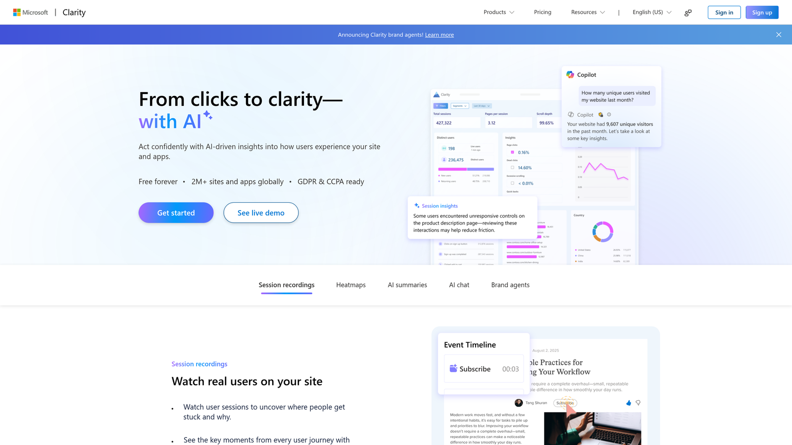 Screenshot of Microsoft Clarity website