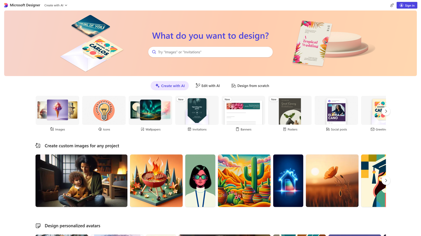 Screenshot of Microsoft Designer website