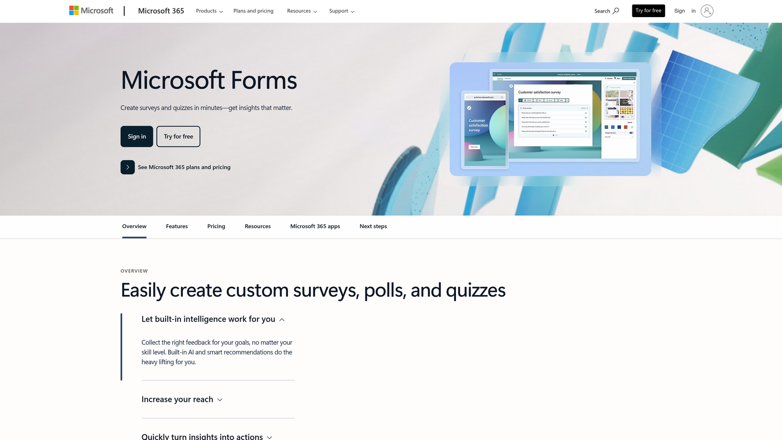 Screenshot of Microsoft Forms website