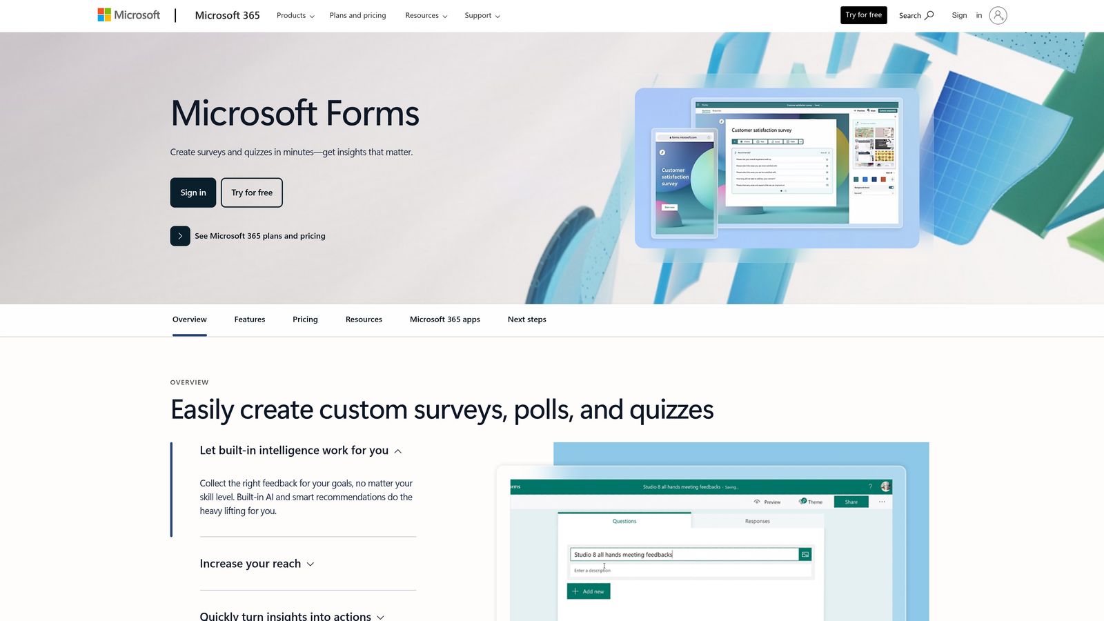 Screenshot of Microsoft Forms website