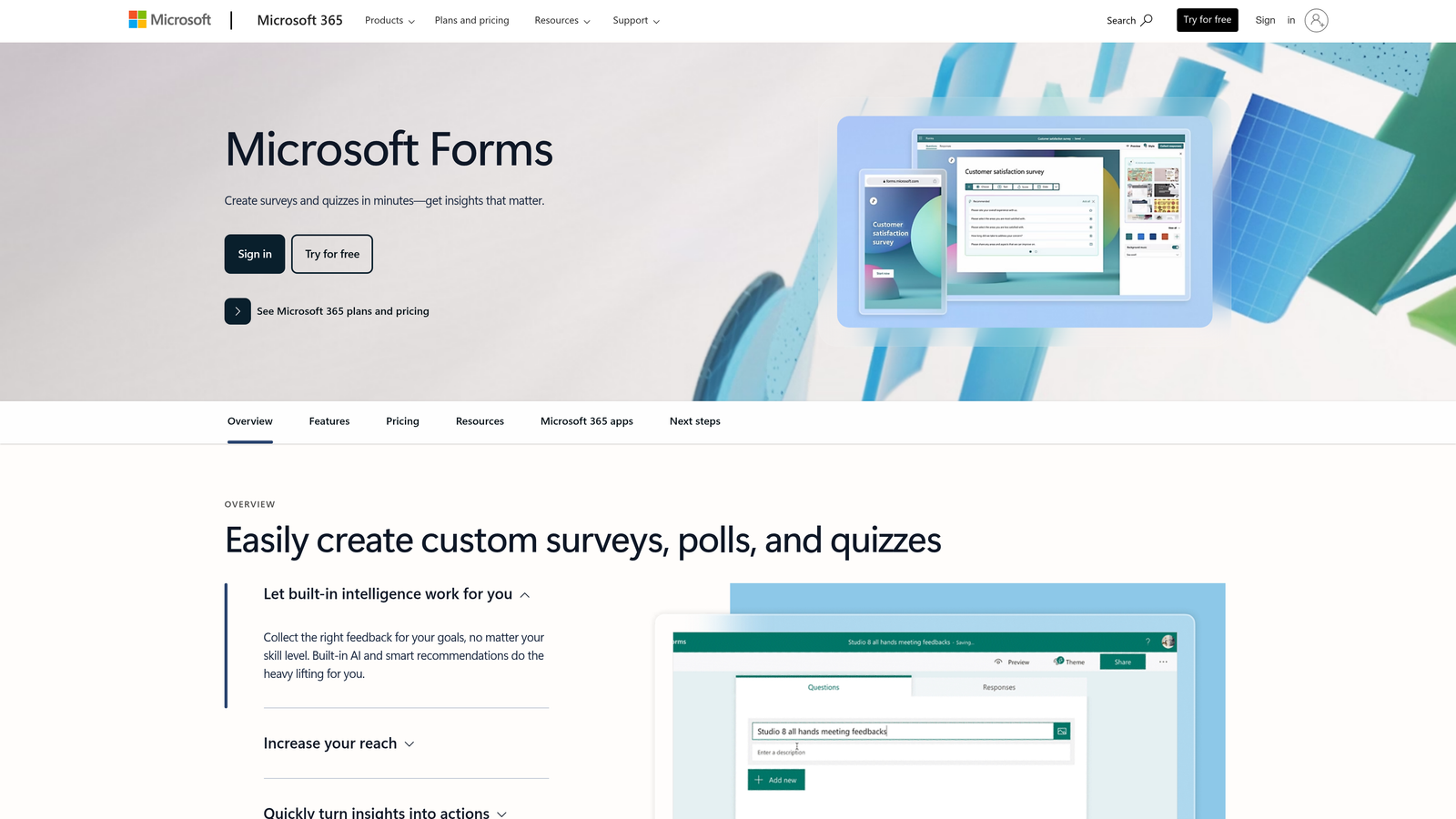 Screenshot of Microsoft Forms website