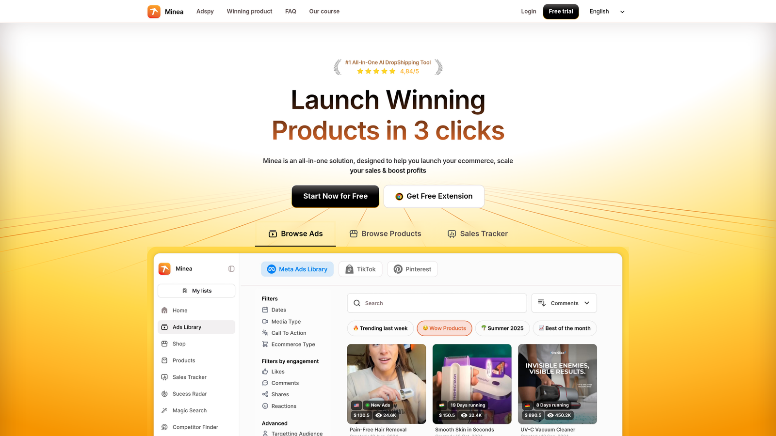 Screenshot of Minea website