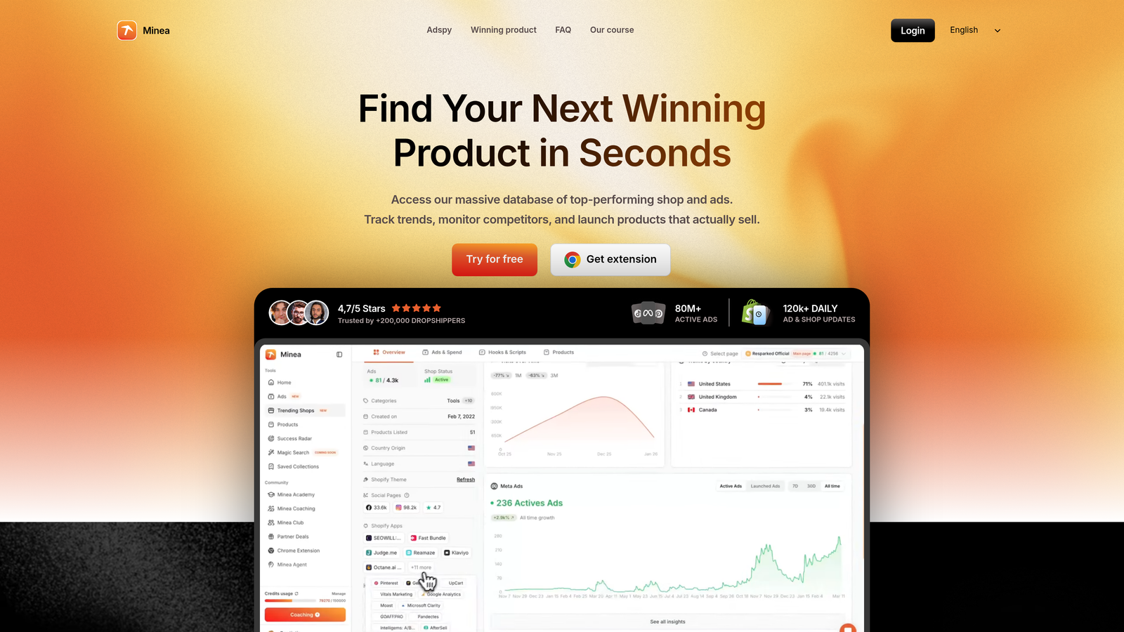 Screenshot of Minea website