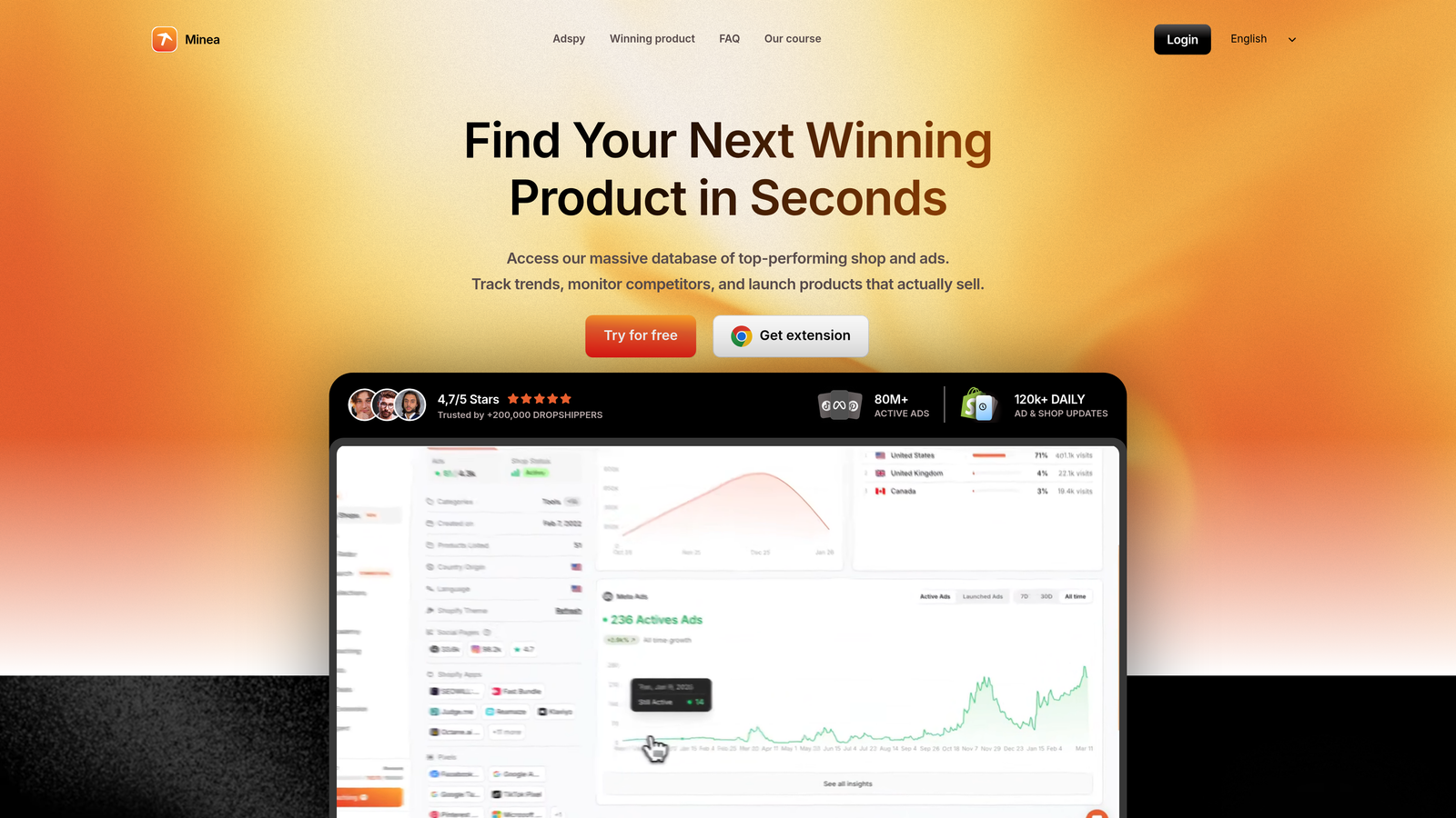 Screenshot of Minea website