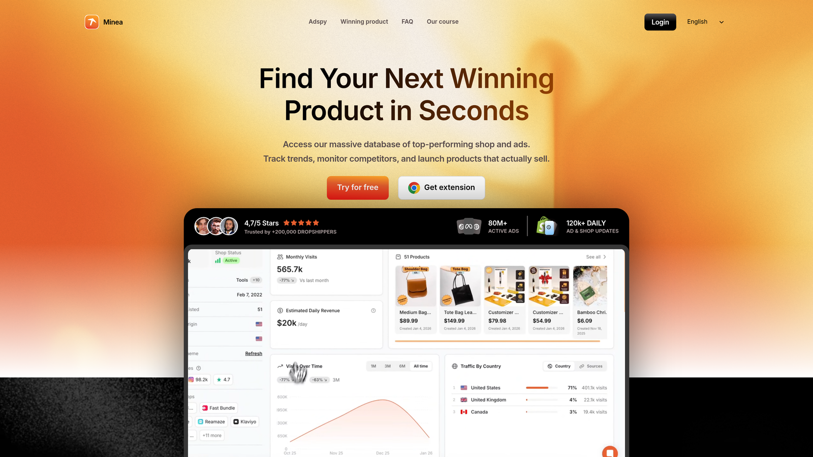 Screenshot of Minea website