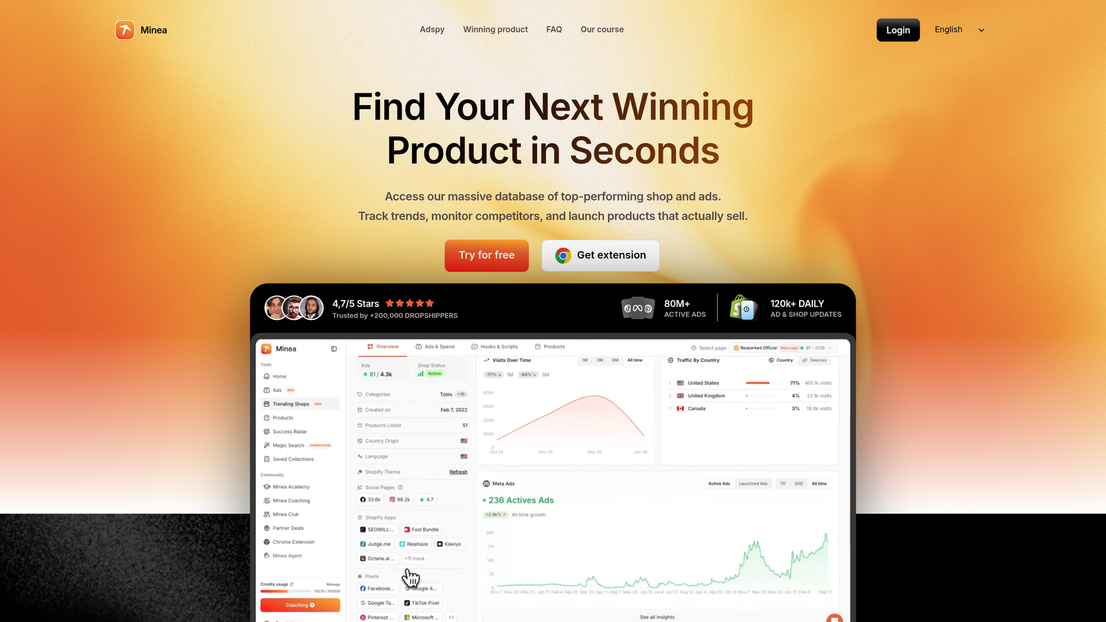Screenshot of Minea website