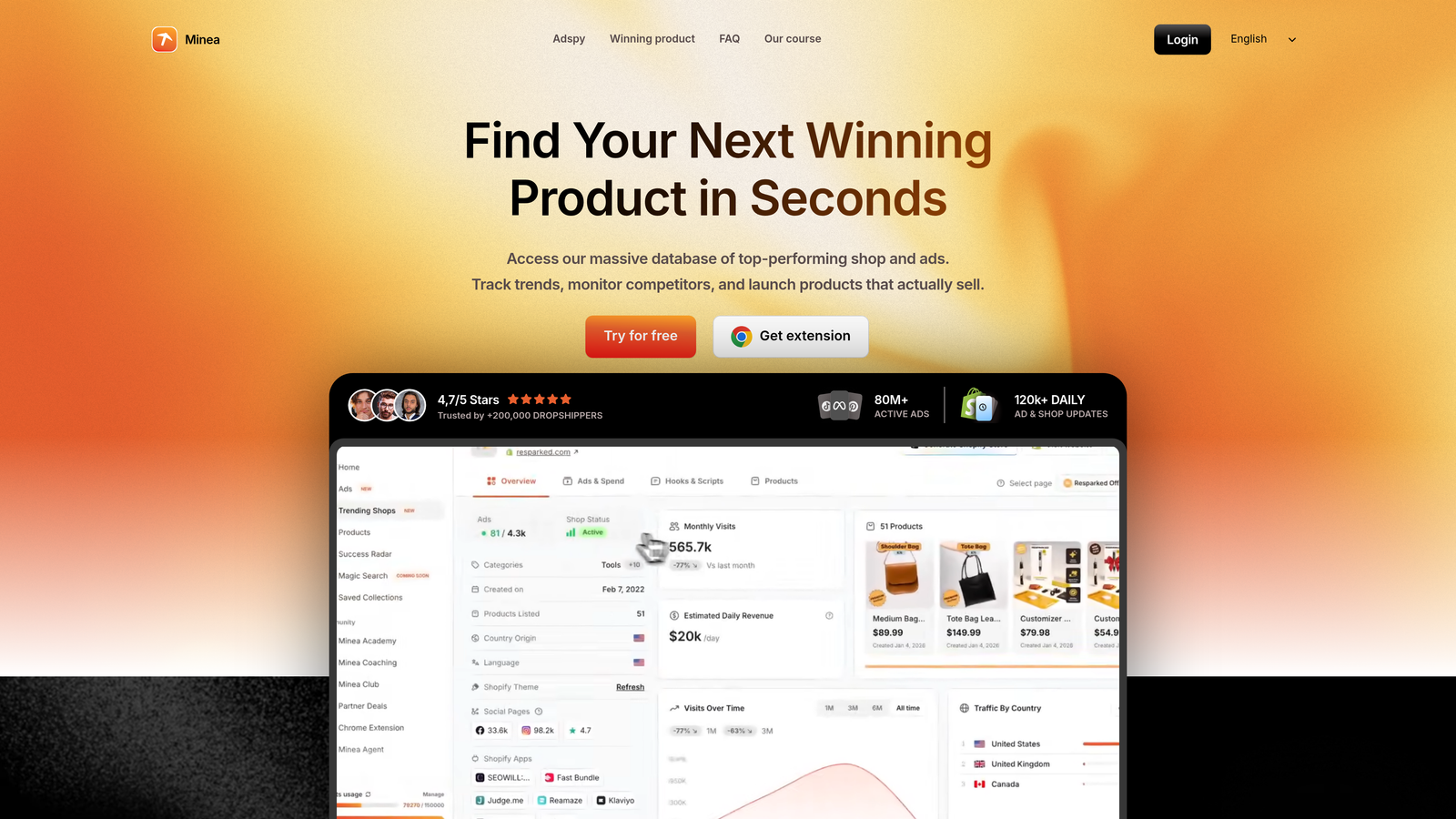 Screenshot of Minea website