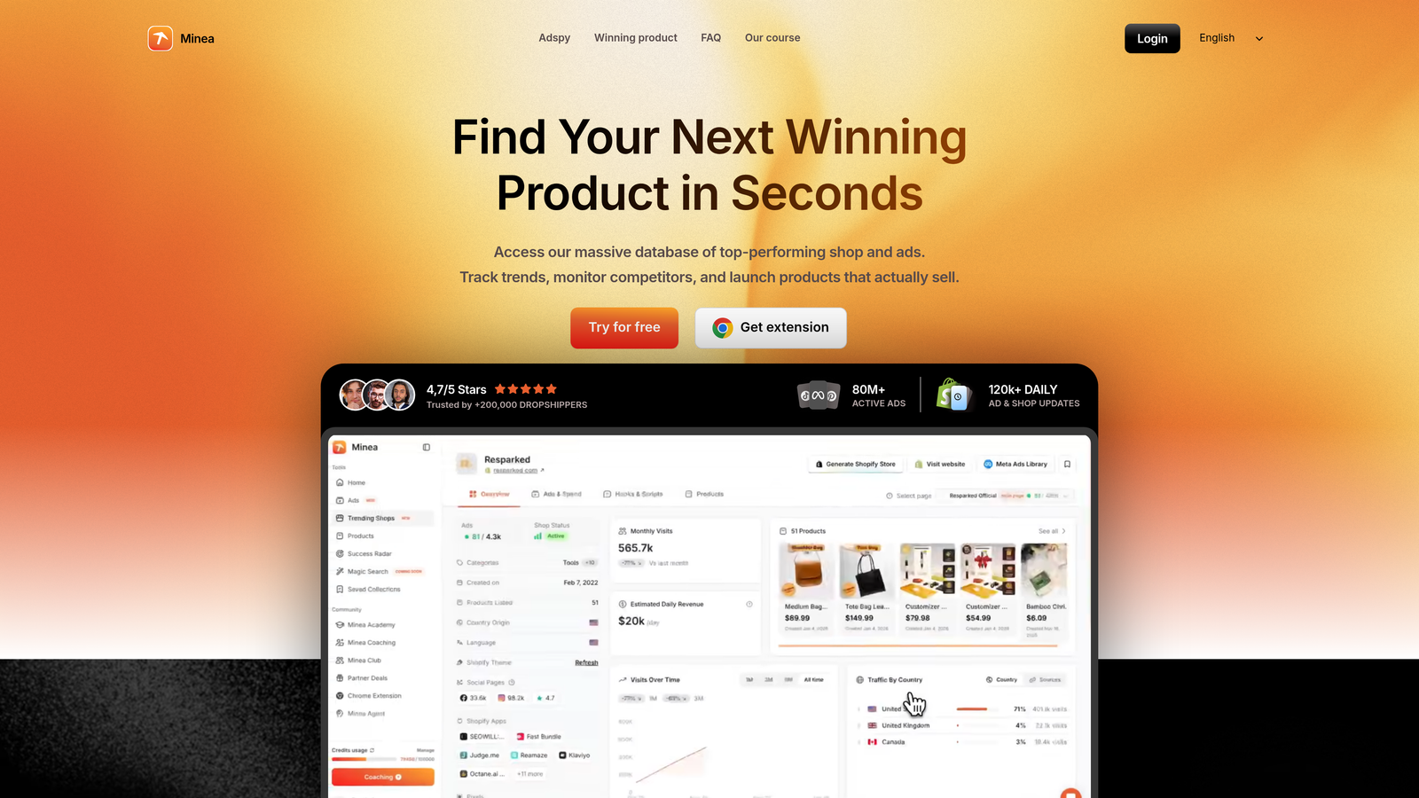 Screenshot of Minea website