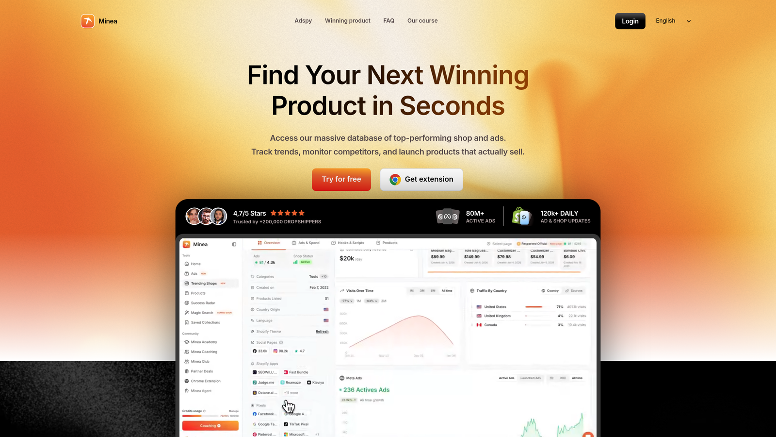 Screenshot of Minea website
