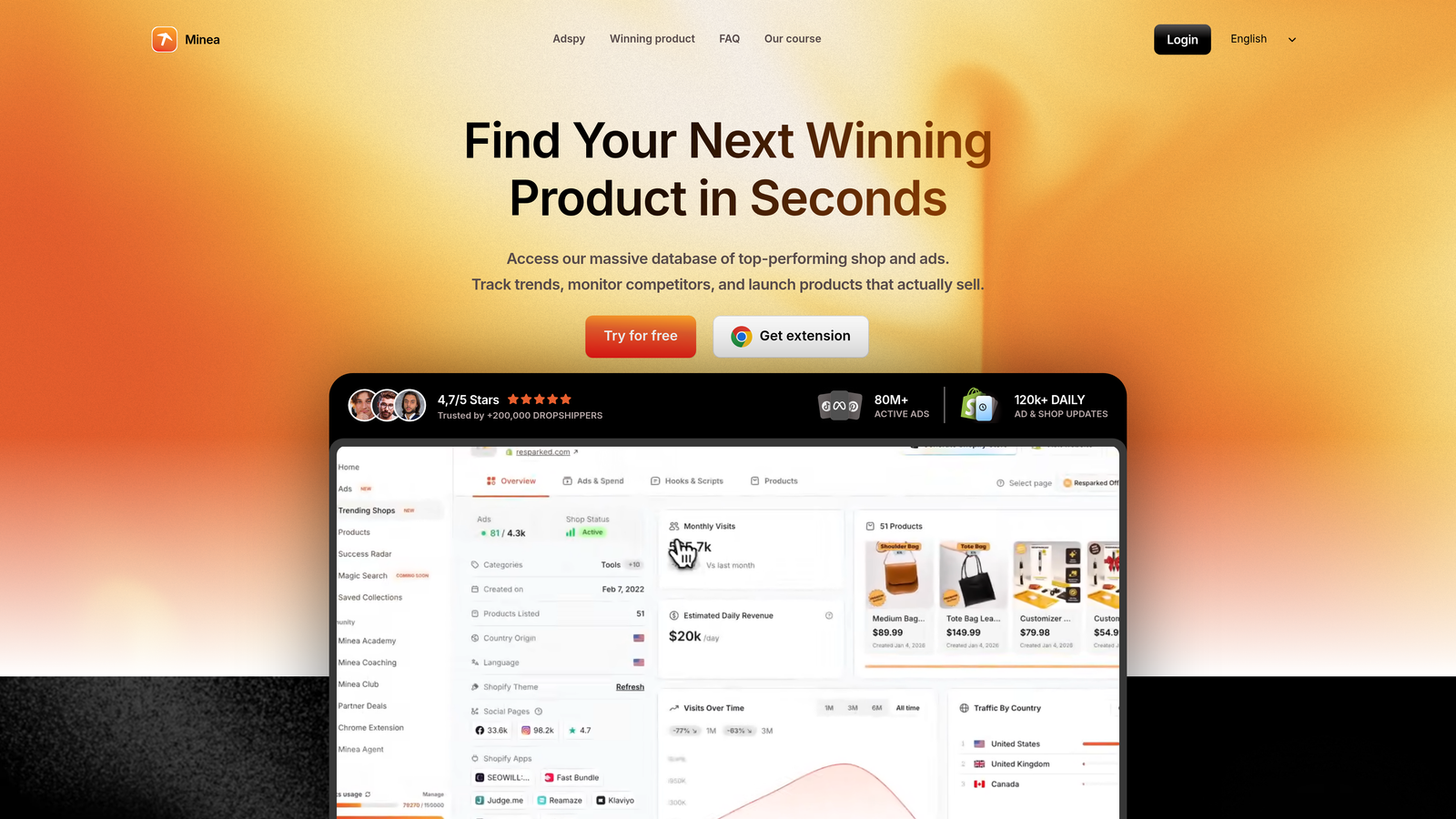 Screenshot of Minea website