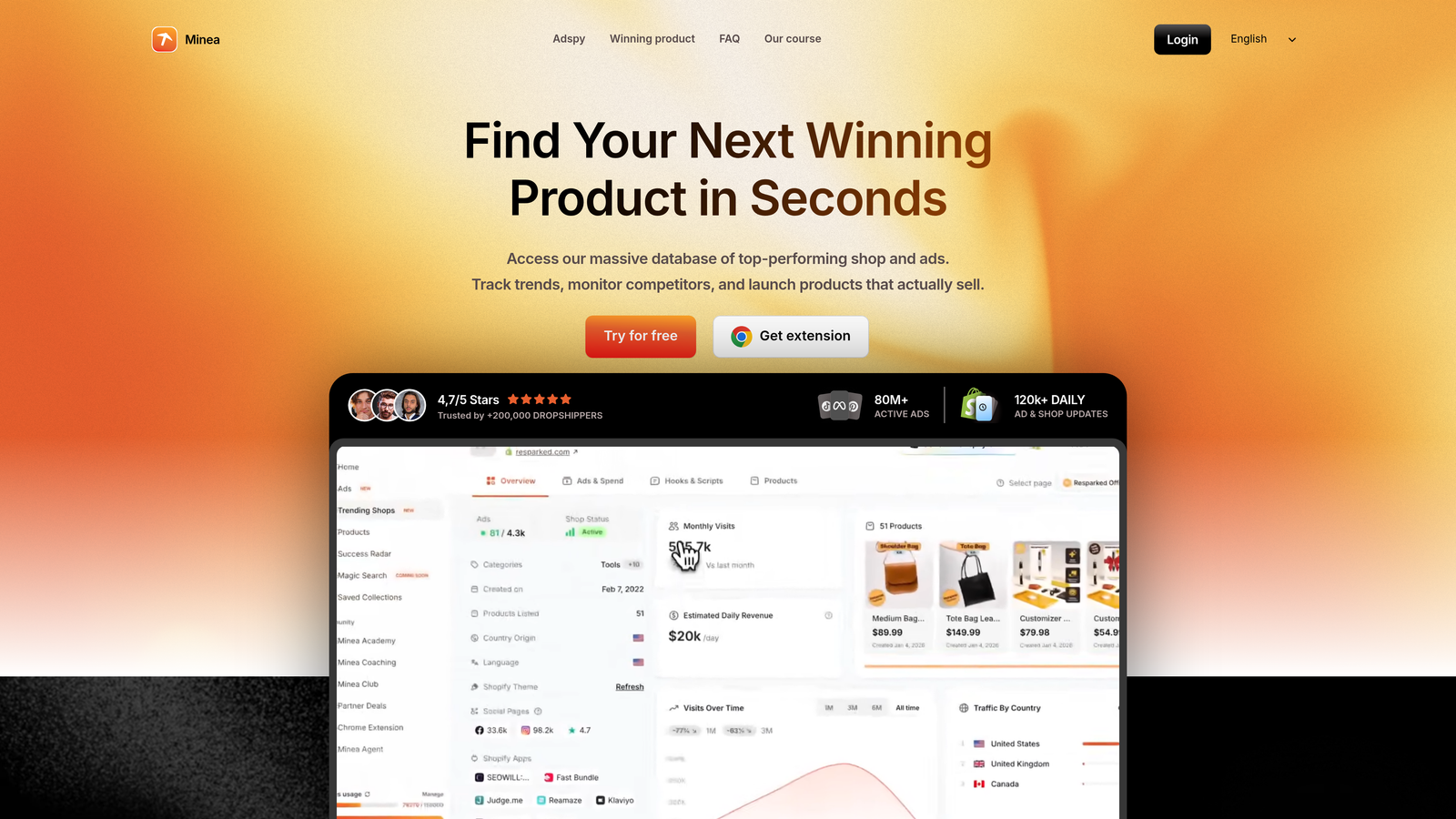 Screenshot of Minea website