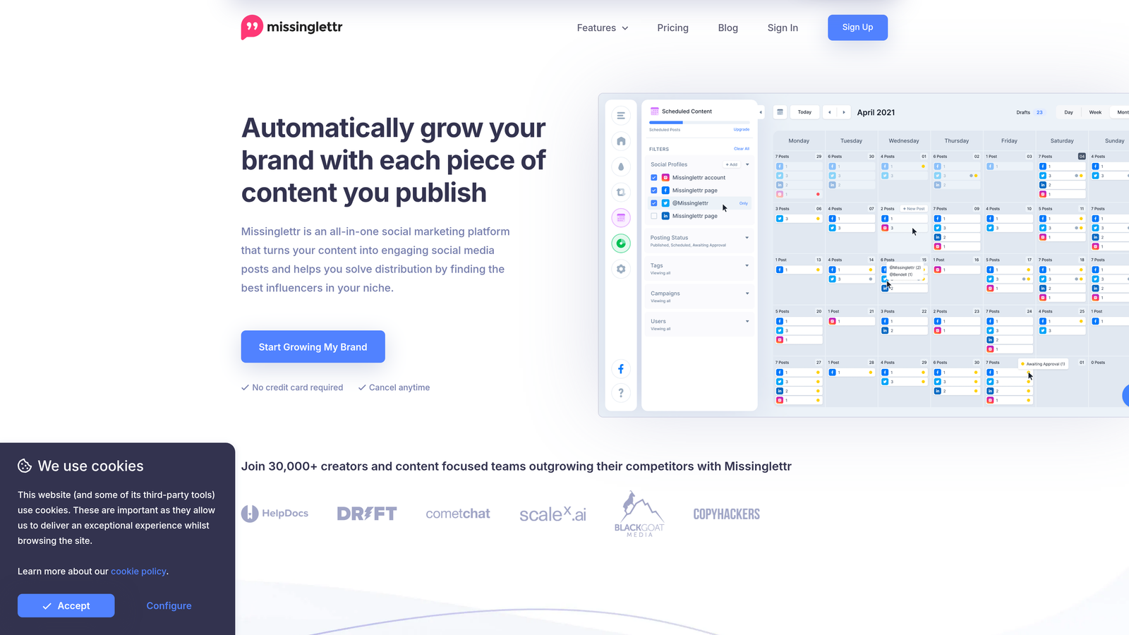Screenshot of Missinglettr website