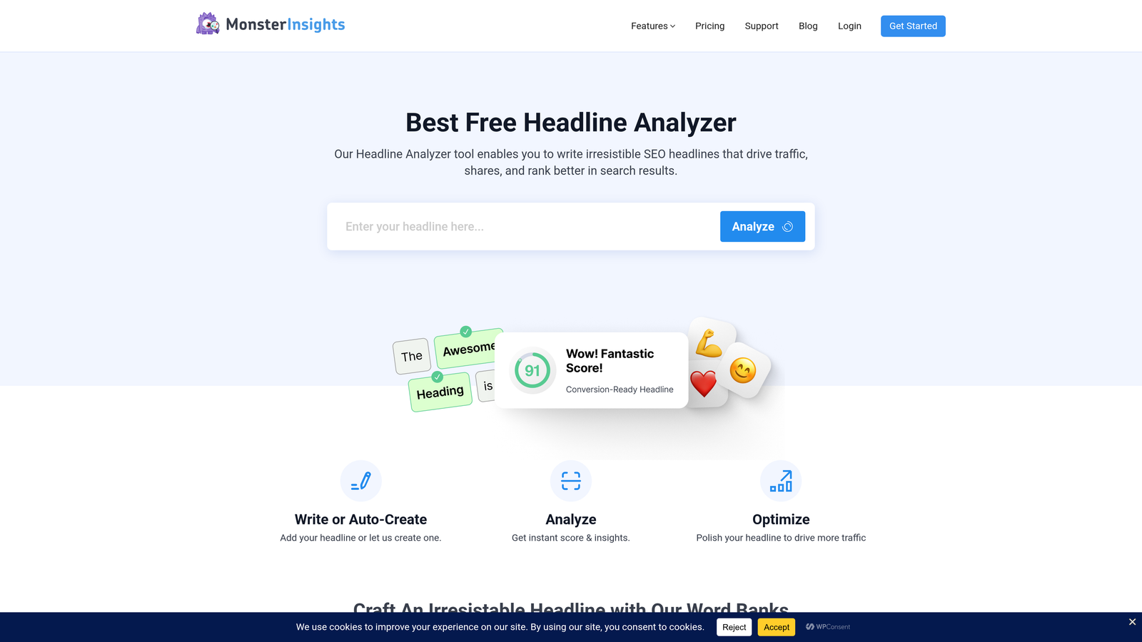 Screenshot of MonsterInsights Headline Analyzer website