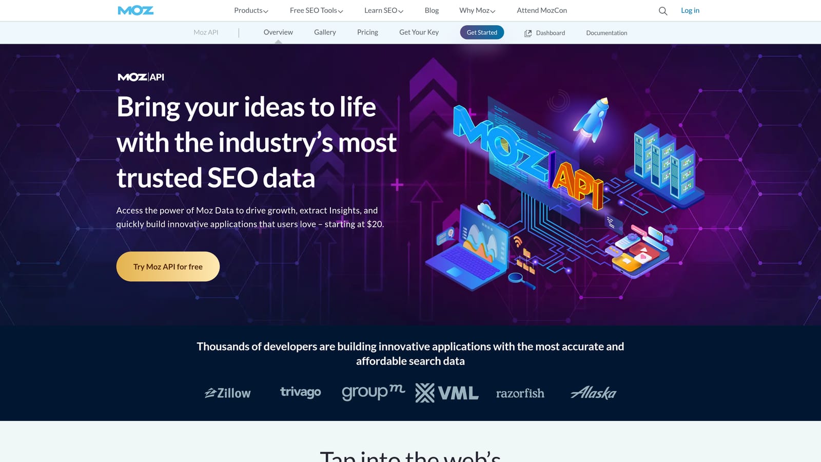 Screenshot of Moz API website