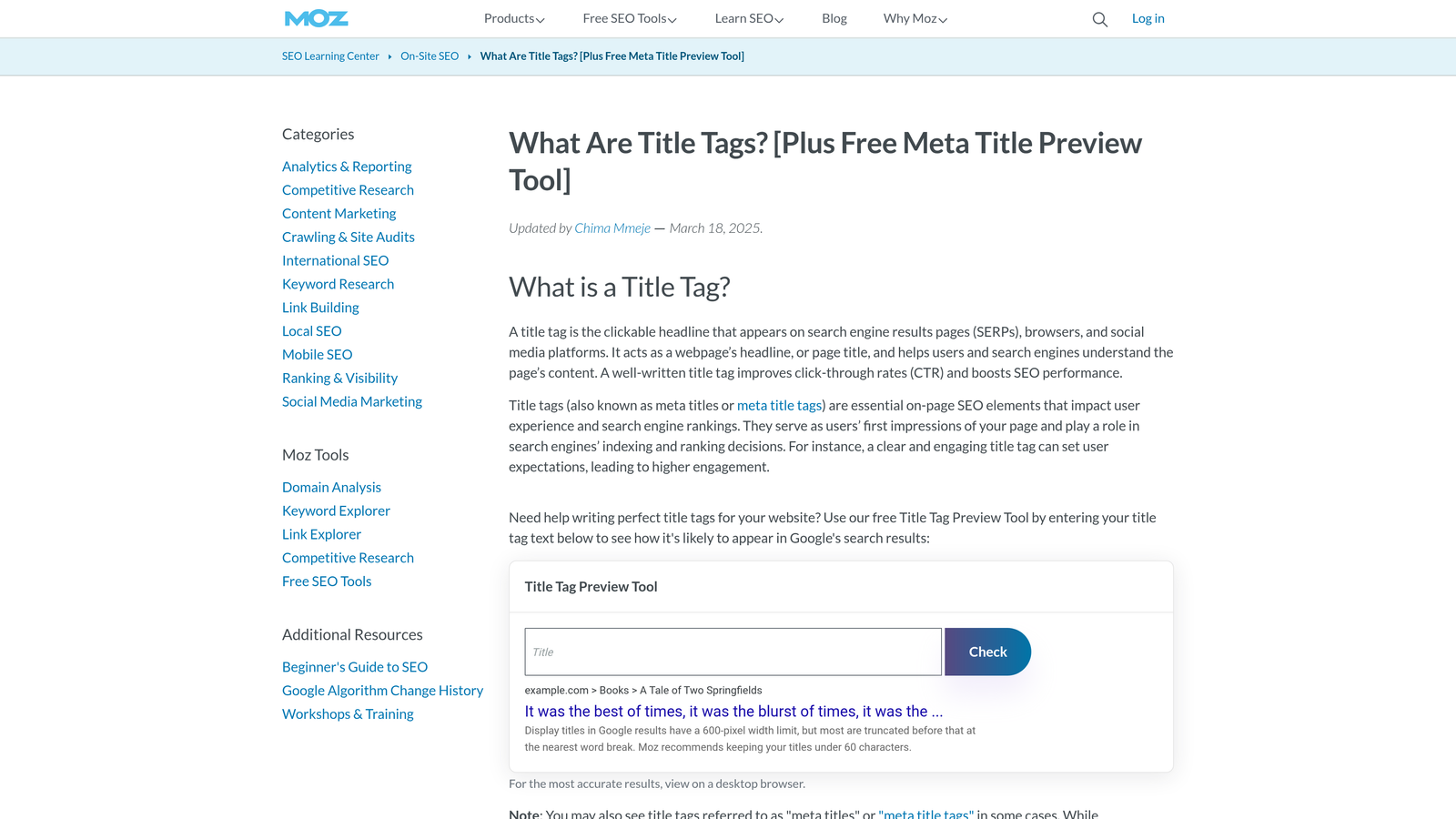 Screenshot of Moz Title Tag Preview Tool website
