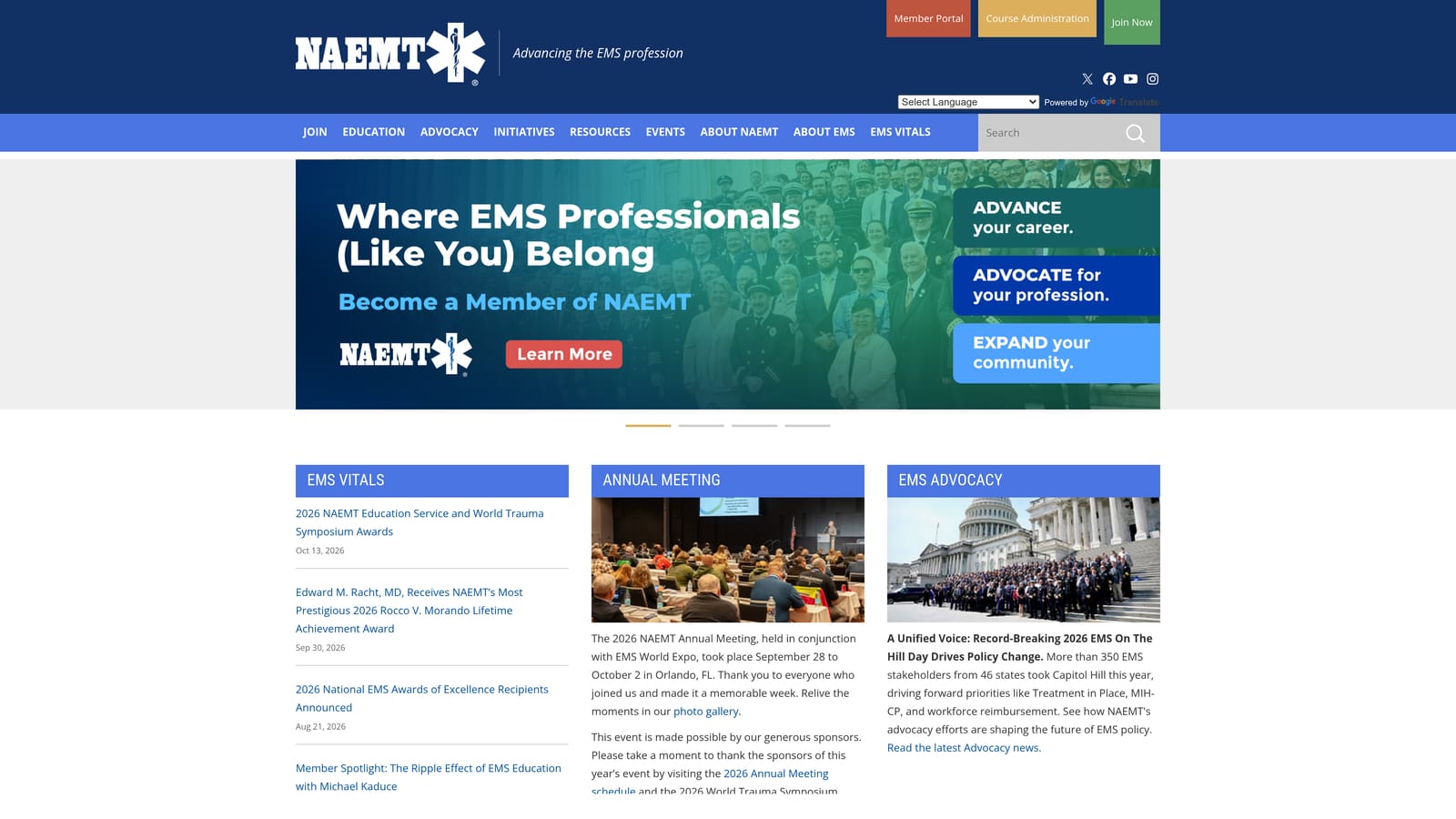 Screenshot of NAEMT Affiliated Training Sites website