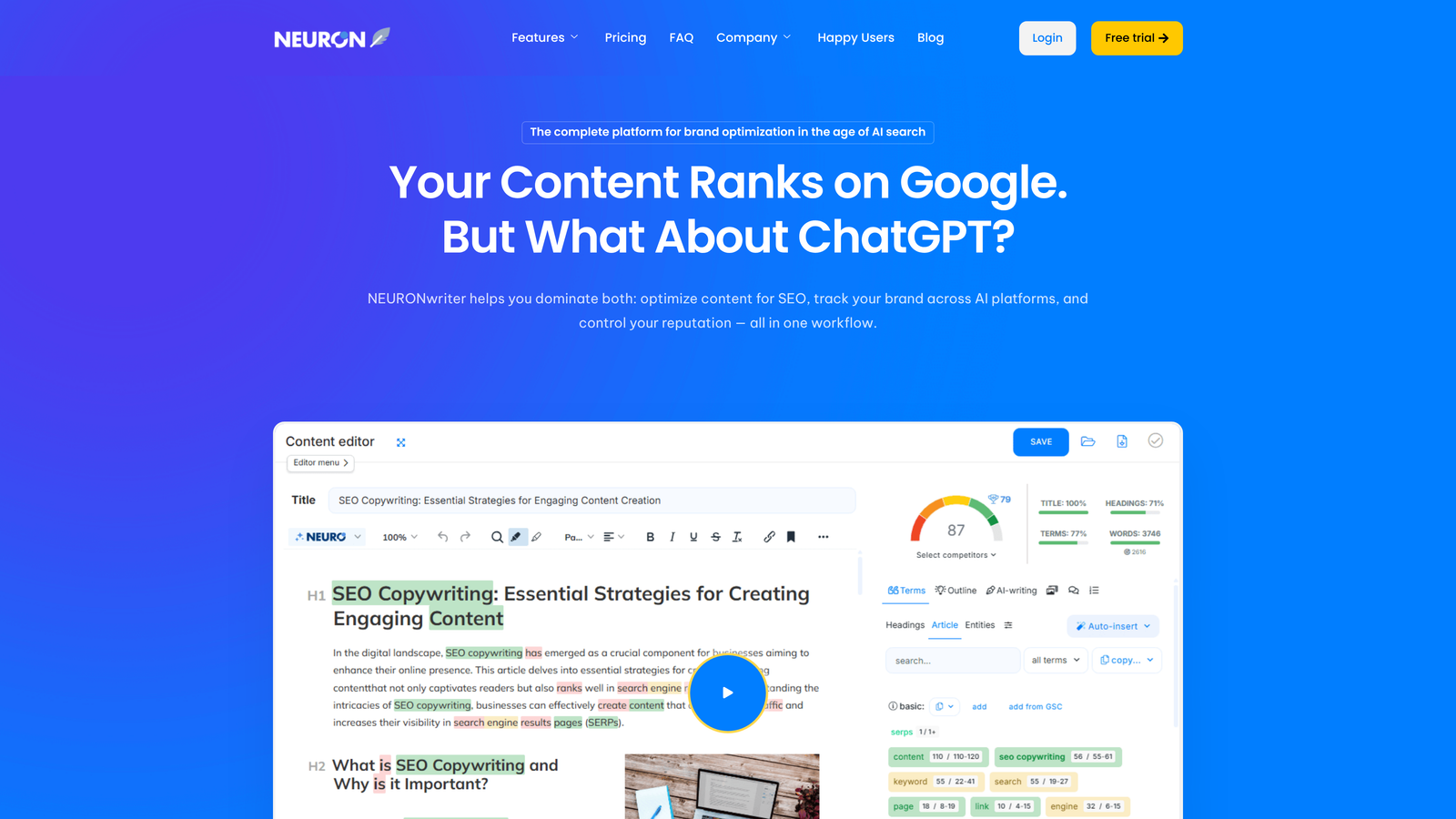 Screenshot of NeuronWriter website