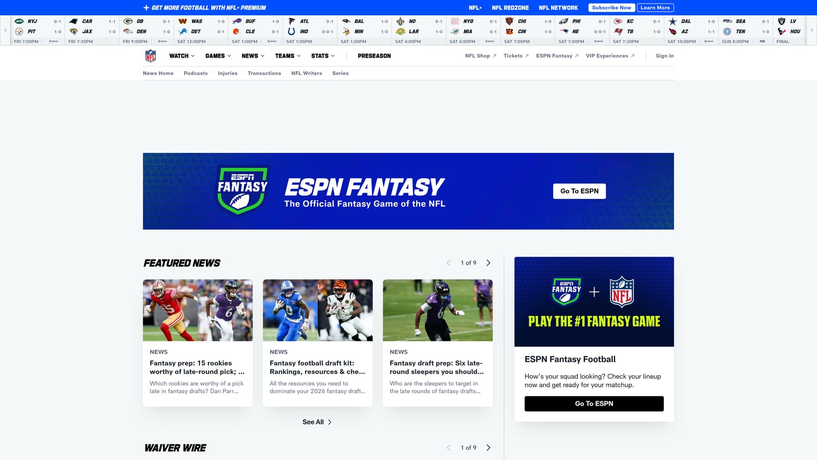 Screenshot of NFL Fantasy Football website