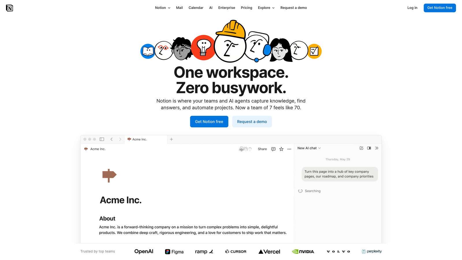 Screenshot of Notion AI website homepage