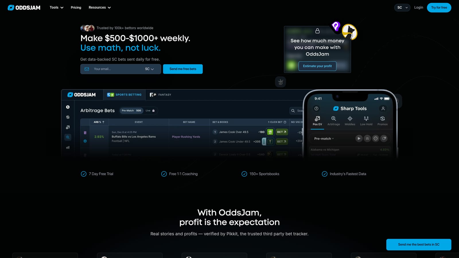 Screenshot of OddsJam website
