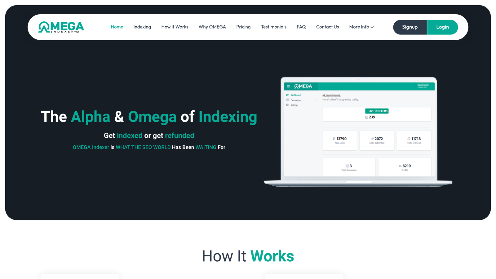 Screenshot of Omega Indexer website