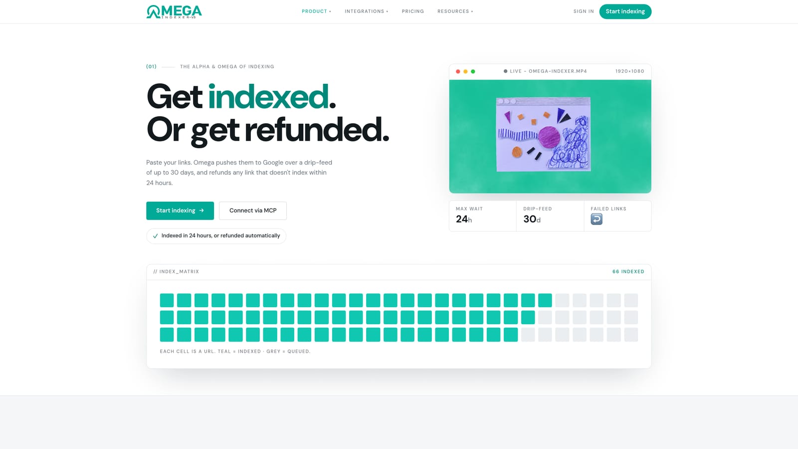 Screenshot of Omega Indexer website